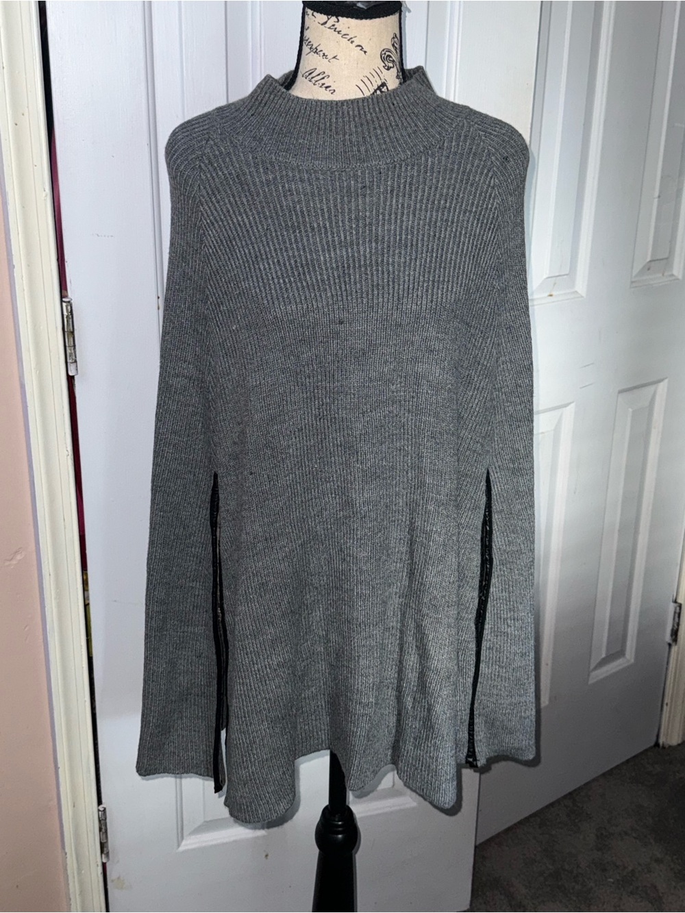 New York & Company Gray Ribbed Turtleneck Poncho Sweater